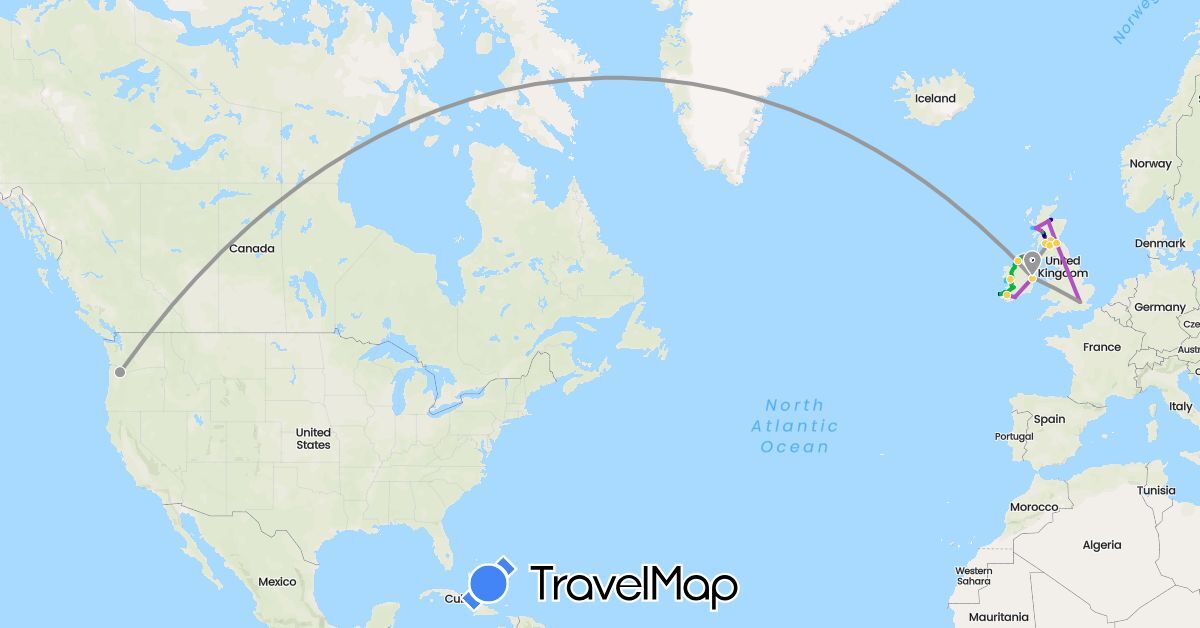 TravelMap itinerary: driving, bus, plane, train, hiking, boat, walking in United Kingdom, Ireland, United States (Europe, North America)